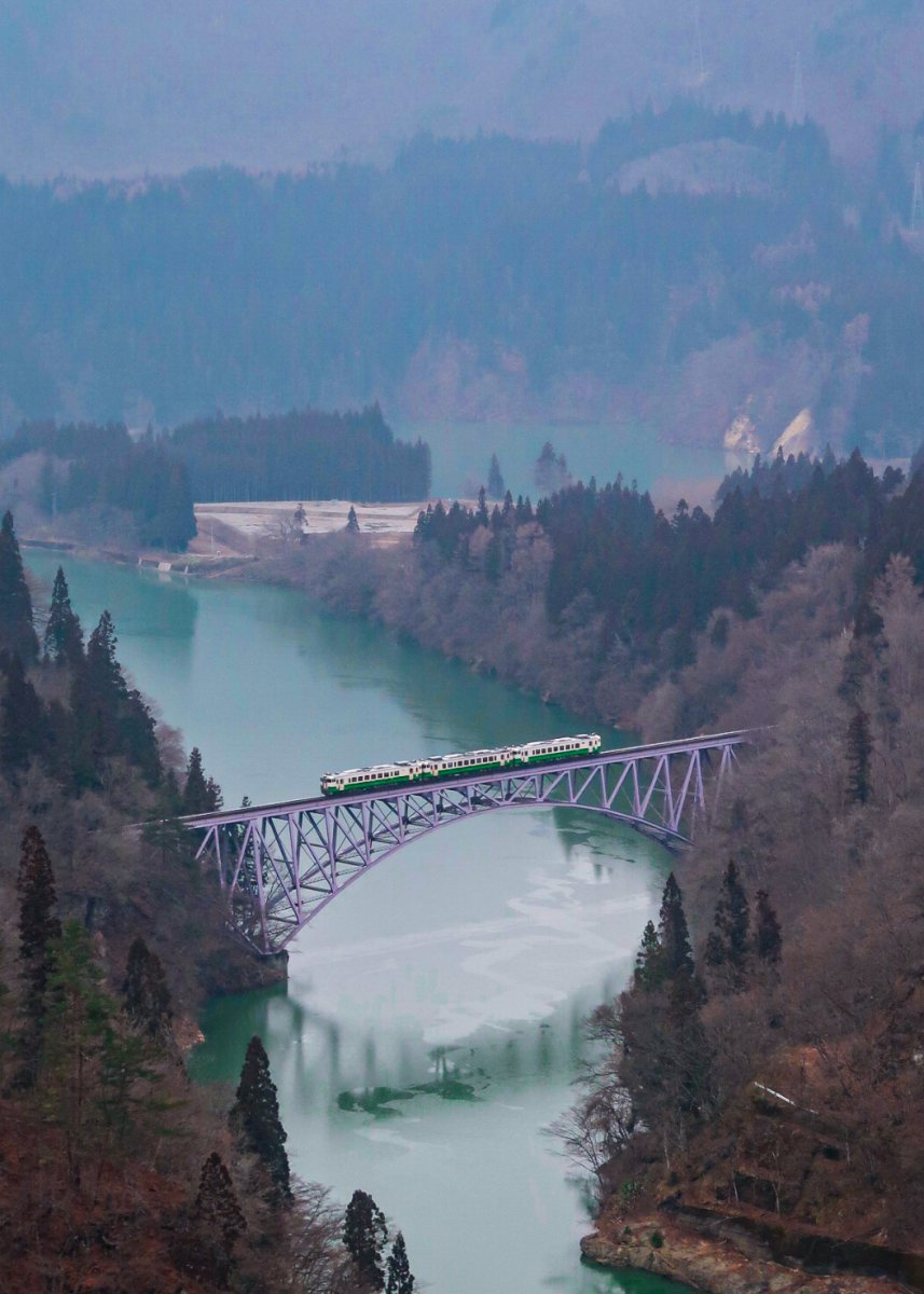 Fukushima, Tadami river, bridge, train