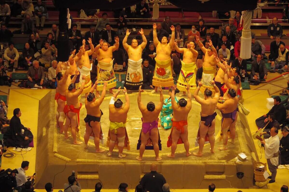 Grand sumo tournament ring entering ceremony