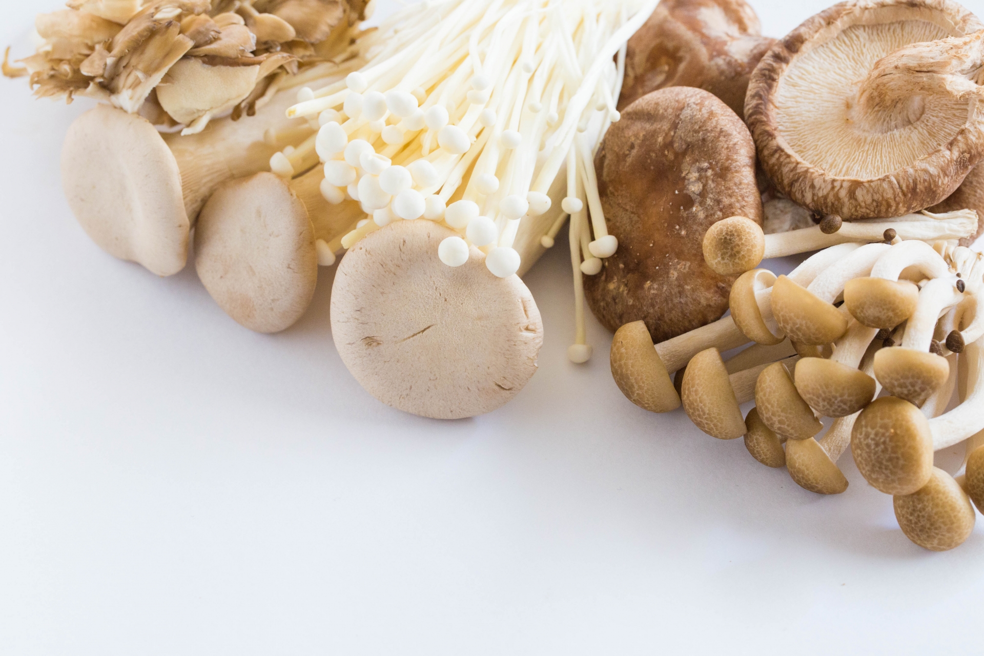 Chinese mushrooms, Enoki,Hon-shimeji and Shitake isolated on a