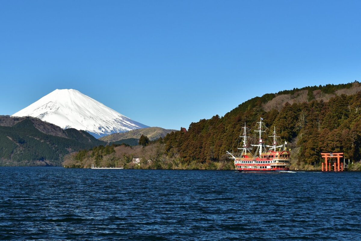 Hakone Lake Ashi with ship and torii gate