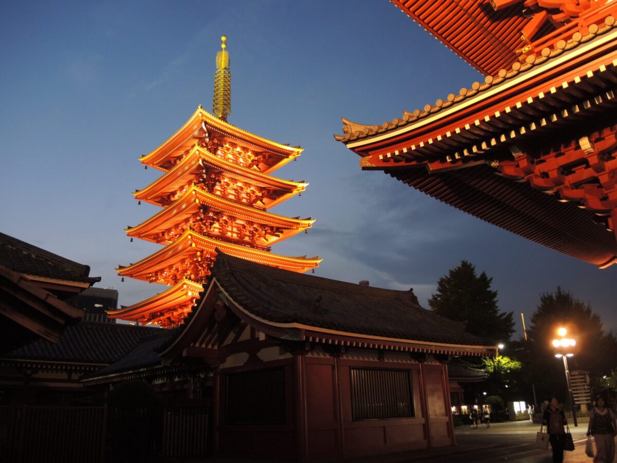 illuminated pagoda at night