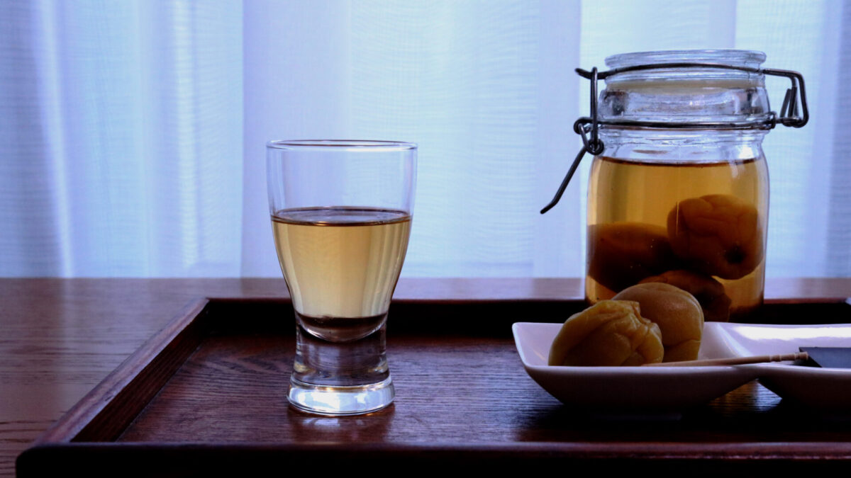 Homemade umeshu on tray